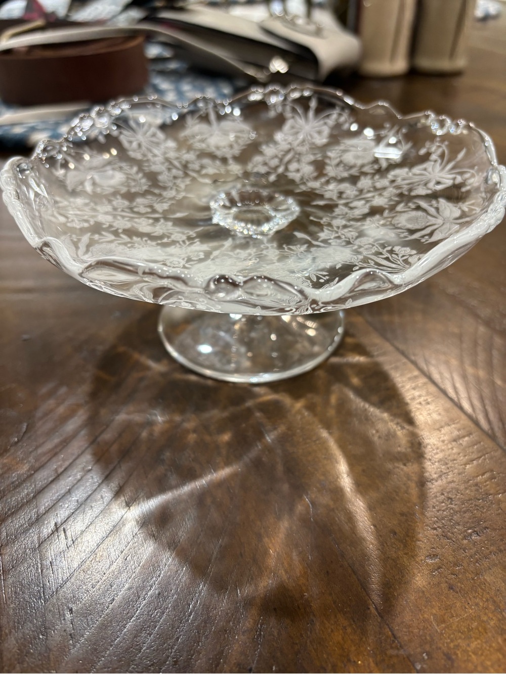 Etched Glass Beautiful Floral etched Pedestal Compote - Clear